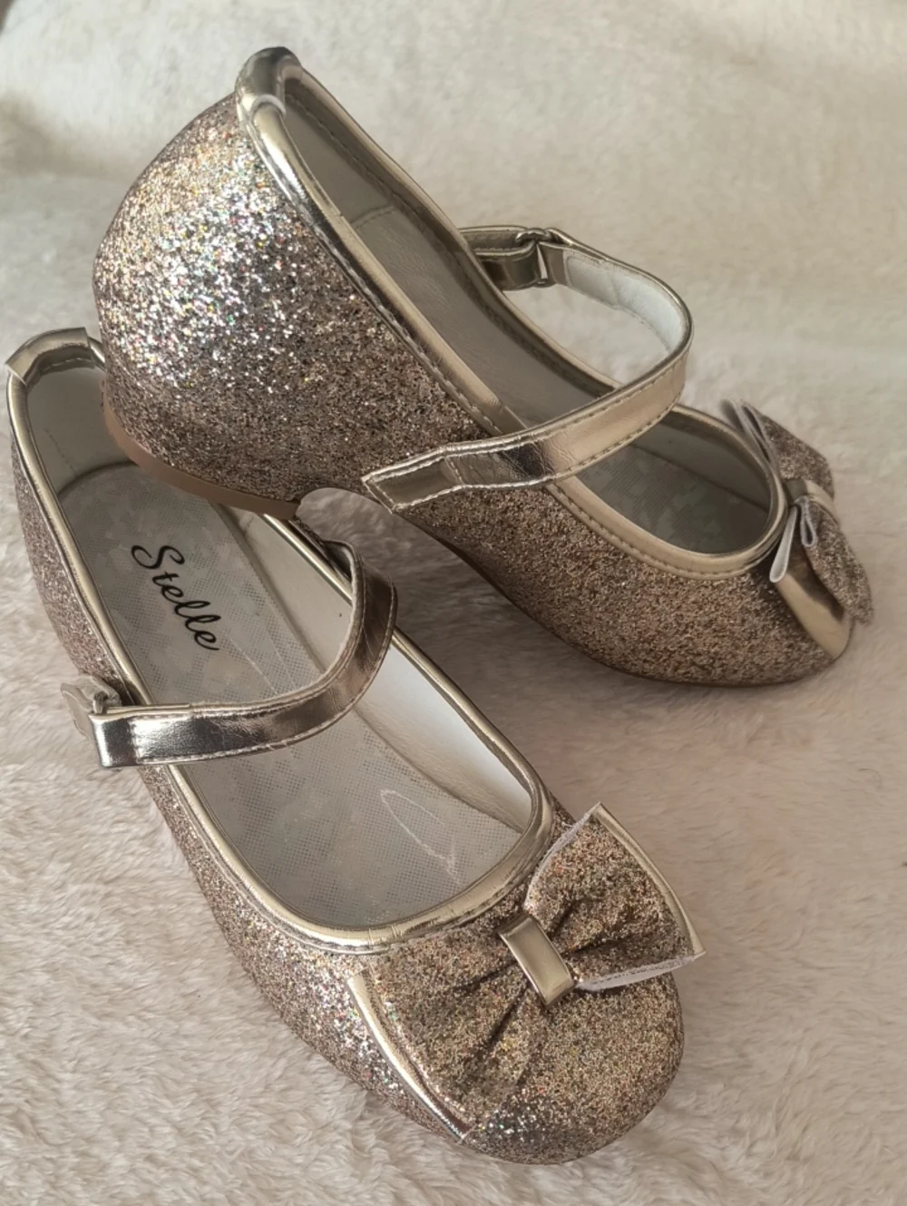 Girls' Glitter Bow Mary Janes in Metallic Gold